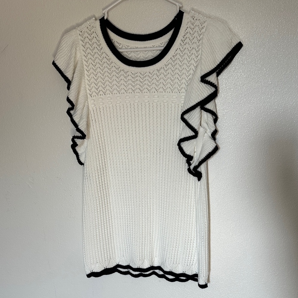 Elegant White and Black Ruffle Trim Top
